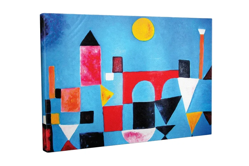 Lerretsbilde - Abstrakt bybilde med geometriske former og fargerike bygninger, Blå / Rød / Svart
