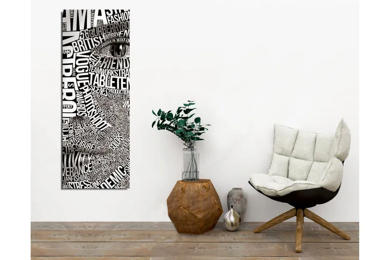 Lerretsbilde - Abstrakt komposisjon av tekst og øyemotiv - Svart / Hvit - Innredning - Bilder & kunst - Lerretsbilder