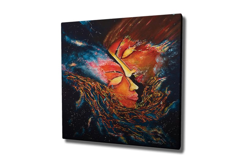 Lerretsbilde - Abstrakt komposisjon med ansikter som smelter sammen i en kosmisk setting, Rød / Oransje / Svart