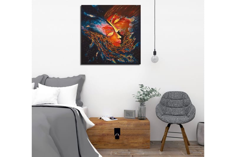 Lerretsbilde - Abstrakt komposisjon med ansikter som smelter sammen i en kosmisk setting - Rød / Oransje / Svart - Innredning - Bilder & kunst - Lerretsbilder