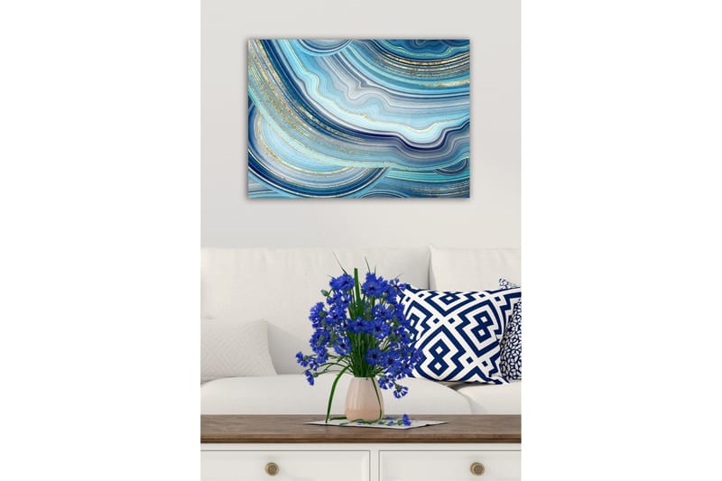 Lerretsbilde - Abstrakt komposisjon med bølgete linjer i blå nyanser - Blå / Turkis / Gull - Innredning - Bilder & kunst - Lerretsbilder