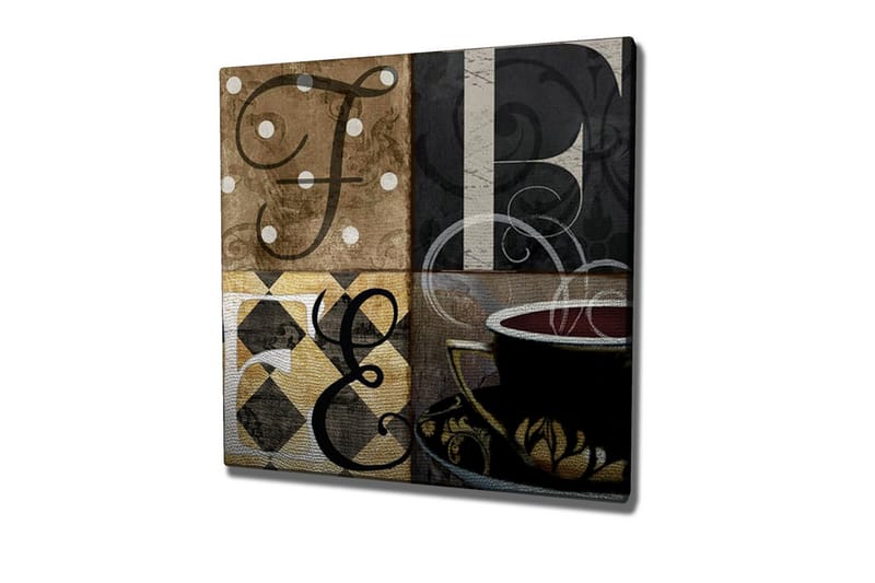 Lerretsbilde - Abstrakt komposisjon med bokstaver og en kaffekopp, Brun / Svart / Gull