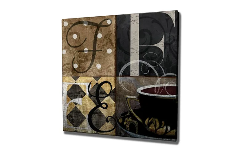 Lerretsbilde - Abstrakt komposisjon med bokstaver og en kaffekopp, Brun / Svart / Gull