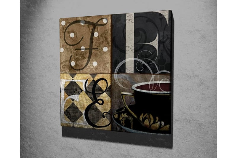 Lerretsbilde - Abstrakt komposisjon med bokstaver og en kaffekopp - Brun / Svart / Gull - Innredning - Bilder & kunst - Lerretsbilder