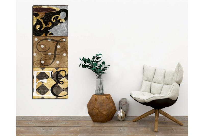 Lerretsbilde - Abstrakt komposisjon med bokstaver og mønstre - Svart / Gull / Beige - Innredning - Bilder & kunst - Lerretsbilder