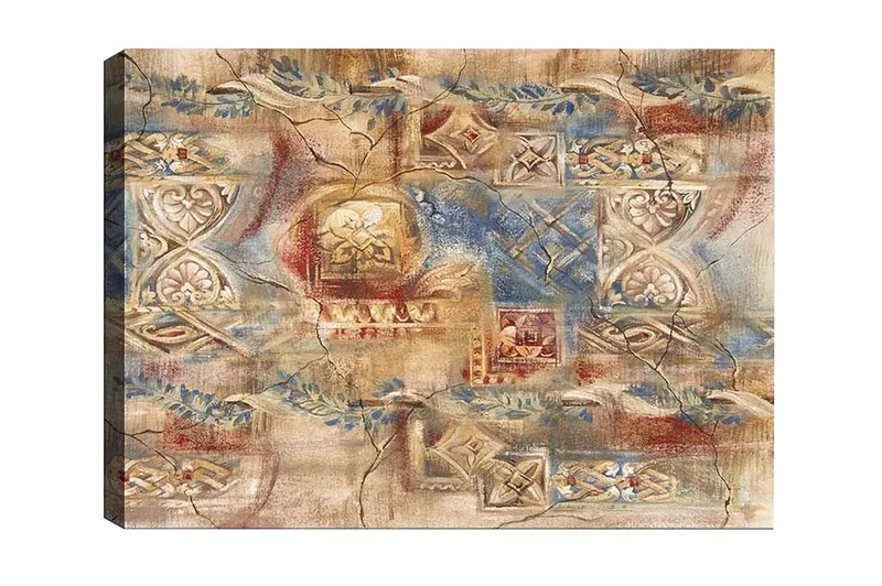 Lerretsbilde - Abstrakt komposisjon med dekorative mønstre og teksturer, Beige / Blå / Rød