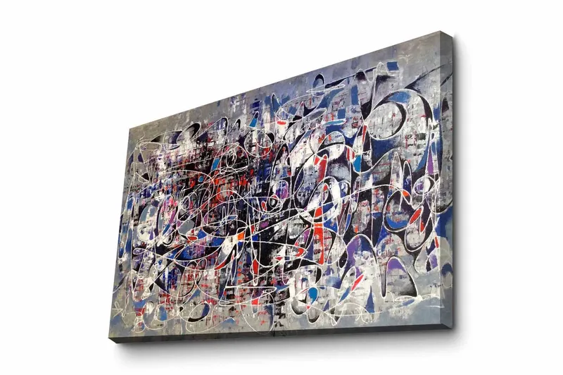 Lerretsbilde - Abstrakt komposisjon med dynamiske linjer og former, Mørk blå / Rød / Hvit