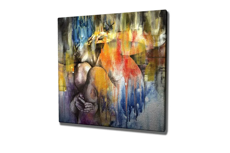 Lerretsbilde - Abstrakt komposisjon med en kvinne som omfavner seg selv - Blå / Oransje / Lilla - Innredning - Bilder & kunst - Lerretsbilder