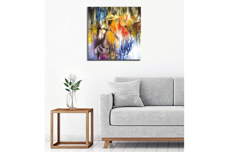 Lerretsbilde - Abstrakt komposisjon med en kvinne som omfavner seg selv - Blå / Oransje / Lilla - Innredning - Bilder & kunst - Lerretsbilder