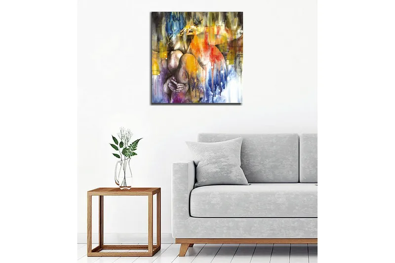 Lerretsbilde - Abstrakt komposisjon med en kvinne som omfavner seg selv - Blå / Oransje / Lilla - Innredning - Bilder & kunst - Lerretsbilder