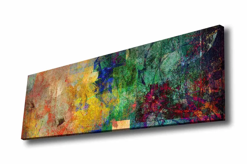 Lerretsbilde - Abstrakt komposisjon med fargerike mønstre og teksturer, Grønn / Gul / Rød