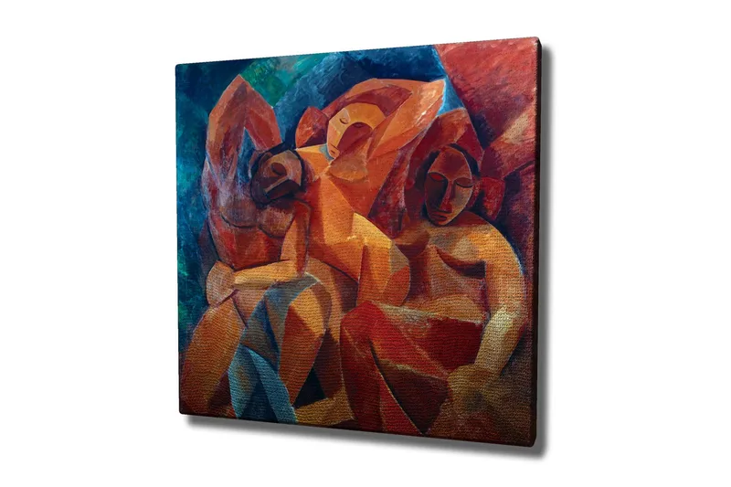 Lerretsbilde - Abstrakt komposisjon med figurer i samspill, Rød / Oransje / Blå