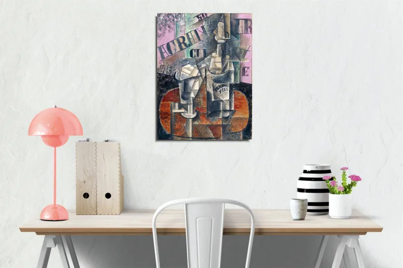 Lerretsbilde - Abstrakt komposisjon med flasker og geometriske former - Grå / Brun / Rosa - Innredning - Bilder & kunst - Lerretsbilder