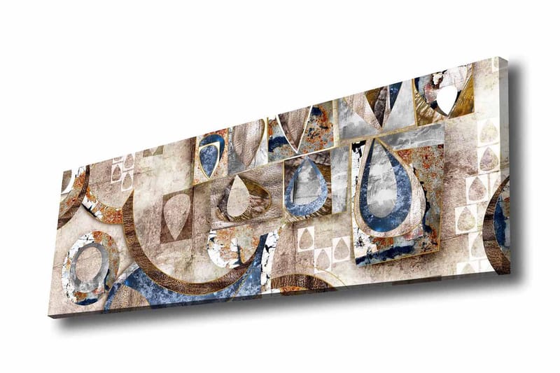 Lerretsbilde - Abstrakt komposisjon med geometriske former og dråper, Blå / Beige / Brun