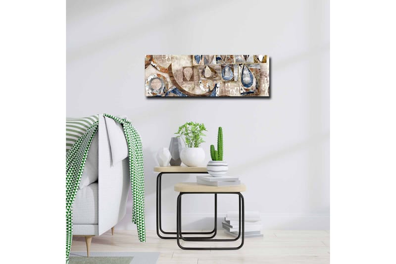 Lerretsbilde - Abstrakt komposisjon med geometriske former og dråper - Blå / Beige / Brun - Innredning - Bilder & kunst - Lerretsbilder
