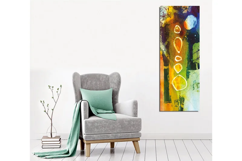 Lerretsbilde - Abstrakt komposisjon med geometriske former og fargerike elementer - Grønn / Oransje / Blå - Innredning - Bilder & kunst - Lerretsbilder