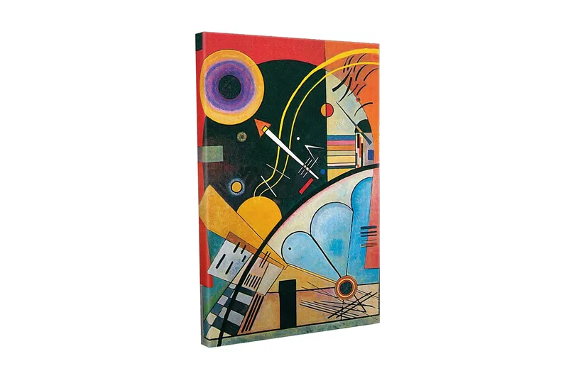 Lerretsbilde - Abstrakt komposisjon med geometriske former og fargerike sirkler, Mørkegrønn / Oransje / Gul