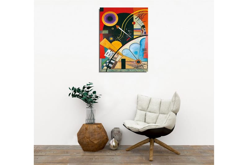 Lerretsbilde - Abstrakt komposisjon med geometriske former og fargerike sirkler - Mørkegrønn / Oransje / Gul - Innredning - Bilder & kunst - Lerretsbilder