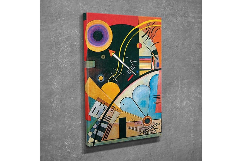 Lerretsbilde - Abstrakt komposisjon med geometriske former og fargerike sirkler - Mørkegrønn / Oransje / Gul - Innredning - Bilder & kunst - Lerretsbilder