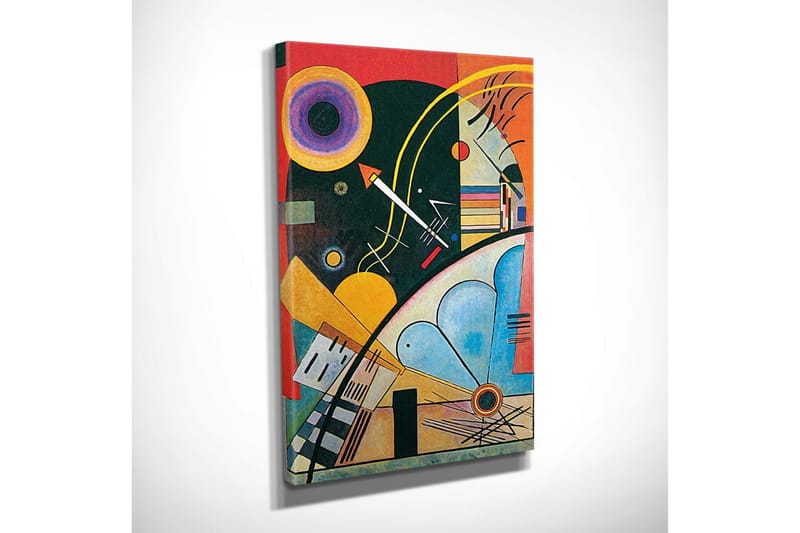 Lerretsbilde - Abstrakt komposisjon med geometriske former og fargerike sirkler - Mørkegrønn / Oransje / Gul - Innredning - Bilder & kunst - Lerretsbilder