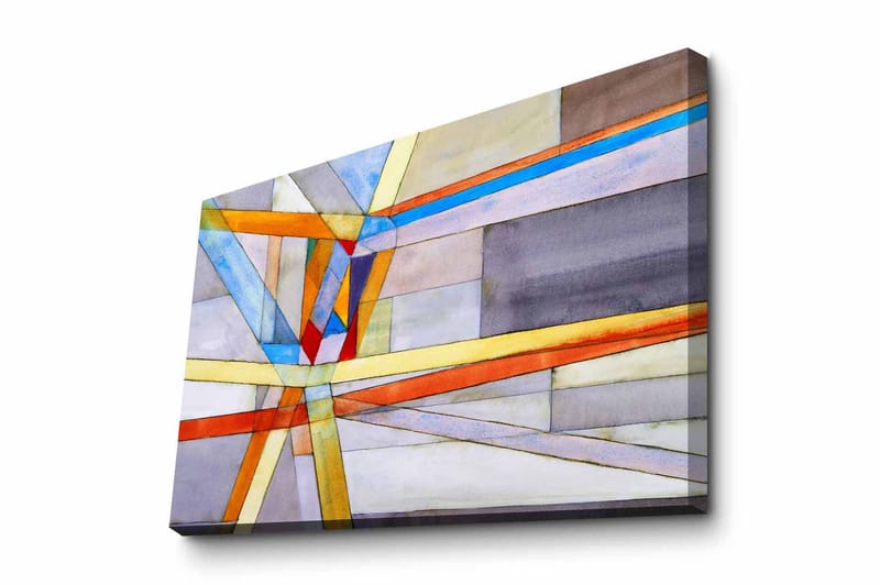 Lerretsbilde - Abstrakt komposisjon med geometriske linjer og former, Blå / Oransje / Grå