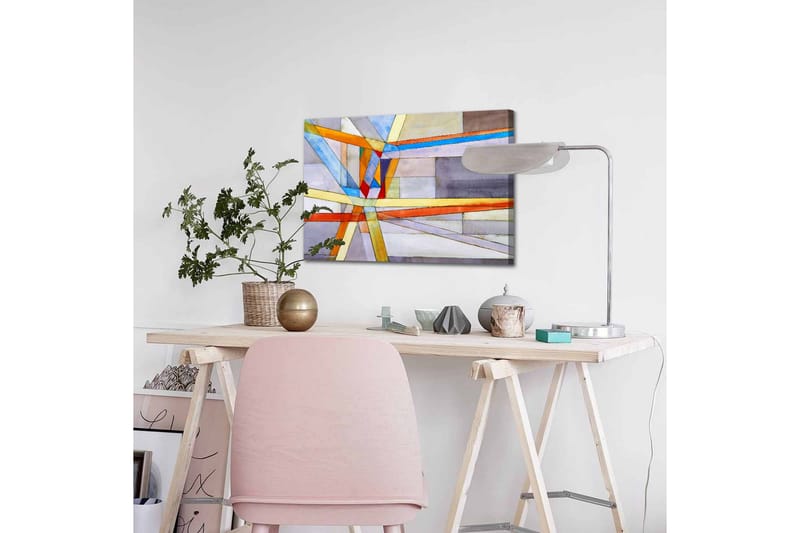 Lerretsbilde - Abstrakt komposisjon med geometriske linjer og former - Blå / Oransje / Grå - Innredning - Bilder & kunst - Lerretsbilder
