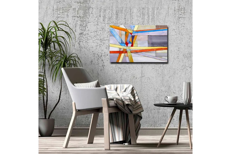 Lerretsbilde - Abstrakt komposisjon med geometriske linjer og former - Blå / Oransje / Grå - Innredning - Bilder & kunst - Lerretsbilder