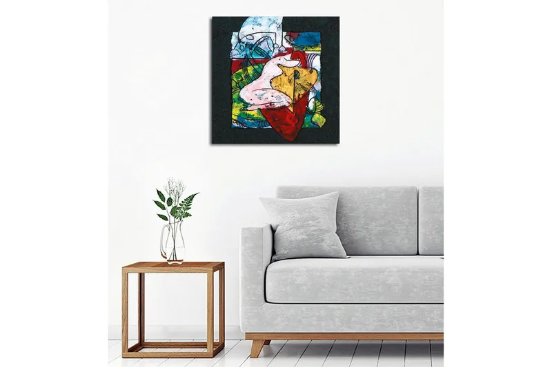 Lerretsbilde - Abstrakt komposisjon med organiske former og fargerike elementer - Rød / Grønn / Gul - Innredning - Bilder & kunst - Lerretsbilder