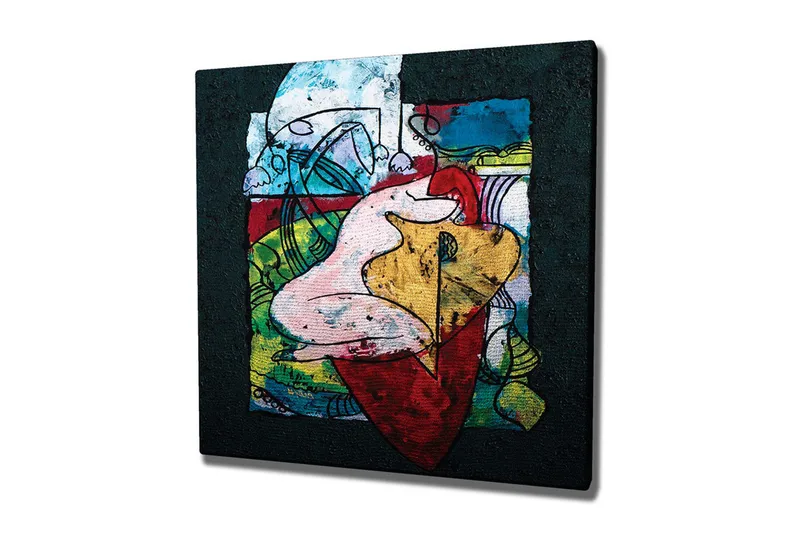 Lerretsbilde - Abstrakt komposisjon med organiske former og fargerike elementer, Rød / Grønn / Gul