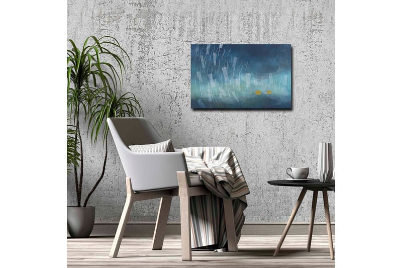 Lerretsbilde - Abstrakt komposisjon med regndråper og gylne sirkler - Mørk blå / Lys blå / Gul - Innredning - Bilder & kunst - Lerretsbilder