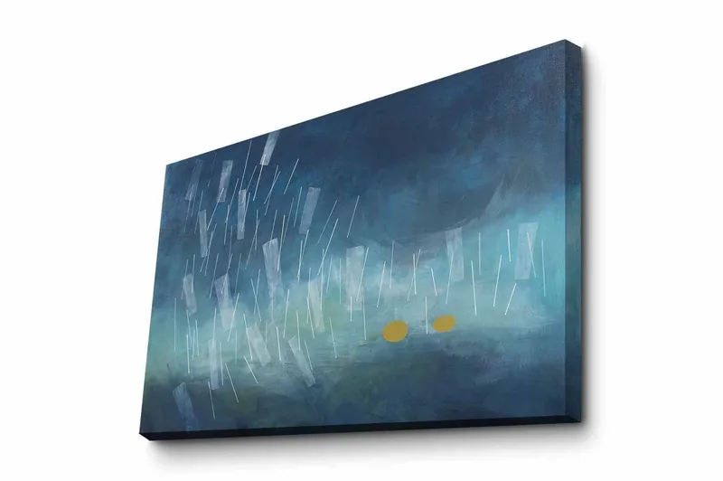 Lerretsbilde - Abstrakt komposisjon med regndråper og gylne sirkler, Mørk blå / Lys blå / Gul