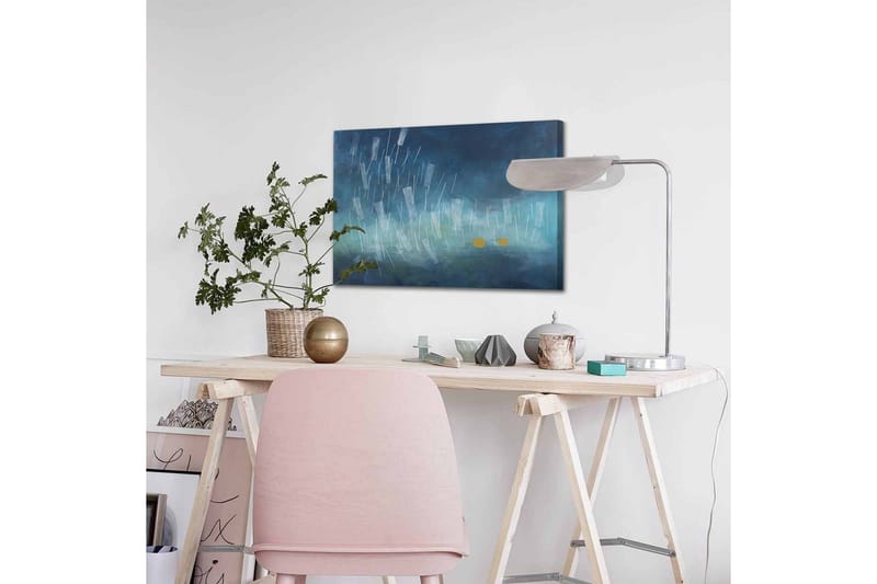 Lerretsbilde - Abstrakt komposisjon med regndråper og gylne sirkler - Mørk blå / Lys blå / Gul - Innredning - Bilder & kunst - Lerretsbilder