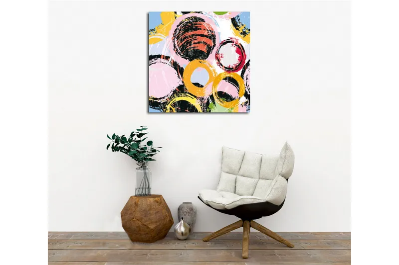 Lerretsbilde - Abstrakt komposisjon med sirkler i forskjellige farger - Svart / Rosa / Gul - Innredning - Bilder & kunst - Lerretsbilder
