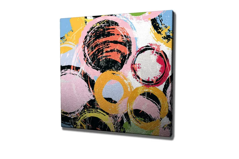 Lerretsbilde - Abstrakt komposisjon med sirkler i forskjellige farger, Svart / Rosa / Gul