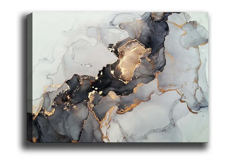 Lerretsbilde - Abstrakt komposisjon med svarte og gylne elementer - Svart / Gull / Grå - Innredning - Bilder & kunst - Lerretsbilder