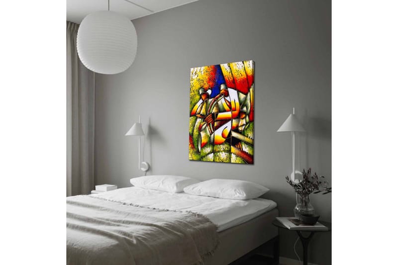 Lerretsbilde - Abstrakt komposisjon med to figurer som holder en sirkel - Grønn / Rød / Gul - Innredning - Bilder & kunst - Lerretsbilder