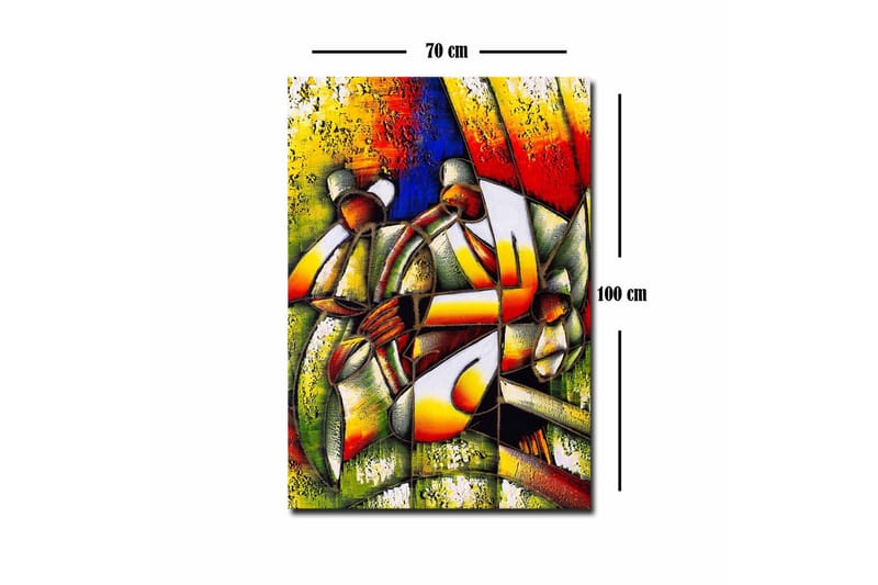 Lerretsbilde - Abstrakt komposisjon med to figurer som holder en sirkel - Grønn / Rød / Gul - Innredning - Bilder & kunst - Lerretsbilder