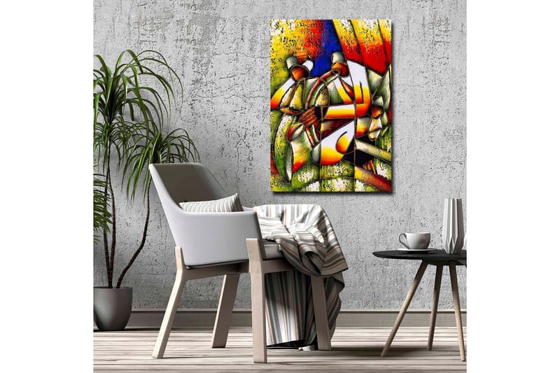 Lerretsbilde - Abstrakt komposisjon med to figurer som holder en sirkel - Grønn / Rød / Gul - Innredning - Bilder & kunst - Lerretsbilder