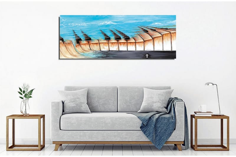 Lerretsbilde - Abstrakt landskap med en innsjø og geometriske former - Blå / Beige / Svart - Innredning - Bilder & kunst - Lerretsbilder