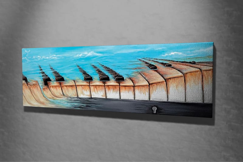 Lerretsbilde - Abstrakt landskap med en innsjø og geometriske former - Blå / Beige / Svart - Innredning - Bilder & kunst - Lerretsbilder