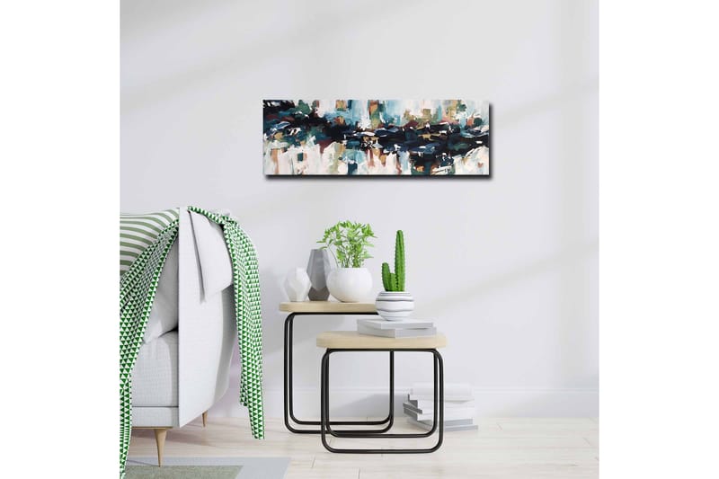 Lerretsbilde - Abstrakt landskap med flytende former og farger - Mørk blå / Turkis / Beige - Innredning - Bilder & kunst - Lerretsbilder