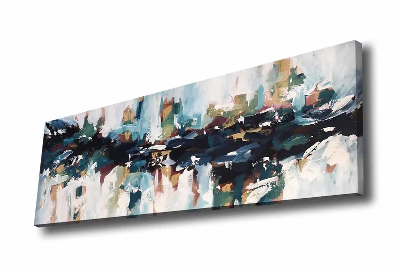 Lerretsbilde - Abstrakt landskap med flytende former og farger, Mørk blå / Turkis / Beige