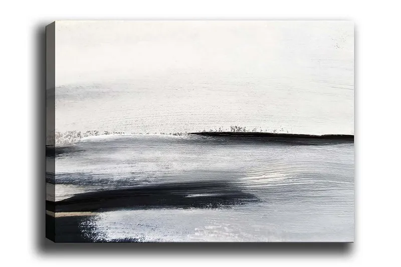 Lerretsbilde - Abstrakt landskap med myke linjer og gråtoner, Hvit / Svart / Grå