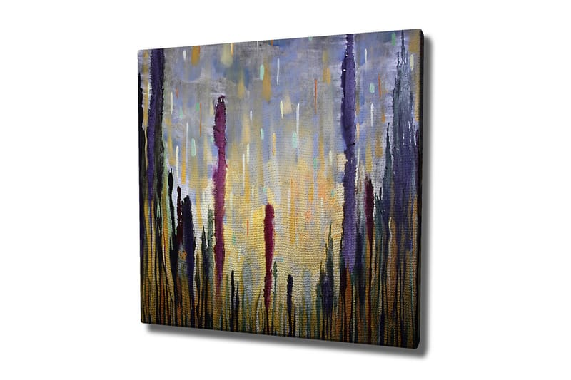 Lerretsbilde - Abstrakt landskap med vertikale former, Lilla / Gull / Grønn