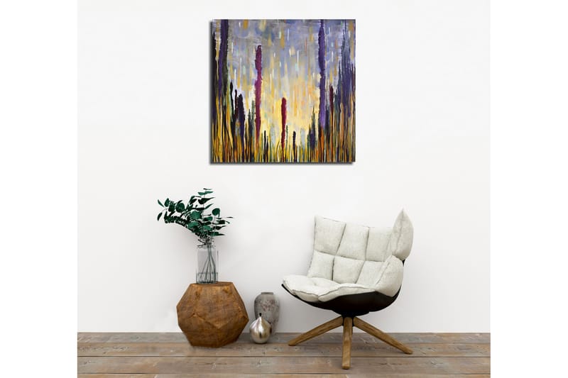 Lerretsbilde - Abstrakt landskap med vertikale former - Lilla / Gull / Grønn - Innredning - Bilder & kunst - Lerretsbilder