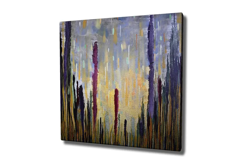 Lerretsbilde - Abstrakt landskap med vertikale former, Lilla / Gull / Grønn