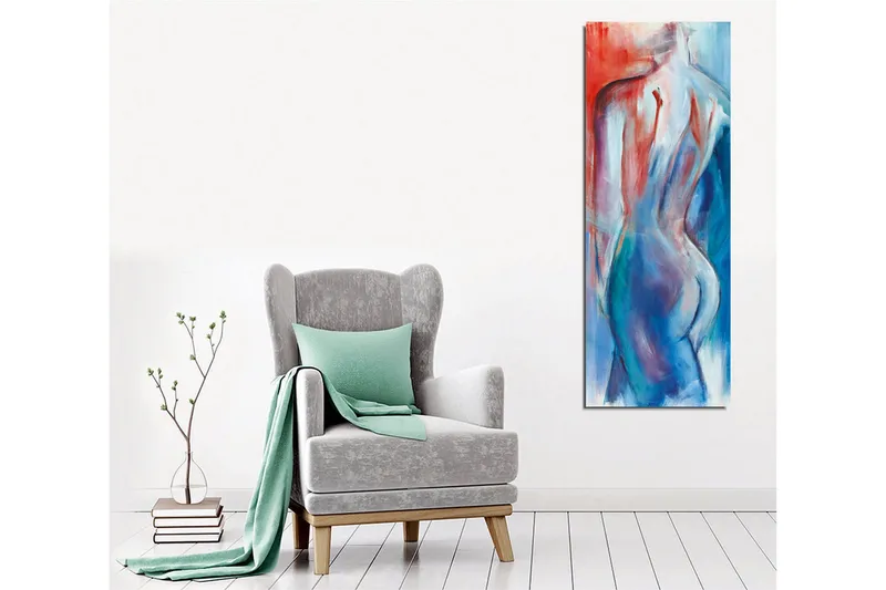 Lerretsbilde - Abstrakt nakenfigur med myke linjer og fargeoverganger - Rød / Blå / Hvit - Innredning - Bilder & kunst - Lerretsbilder