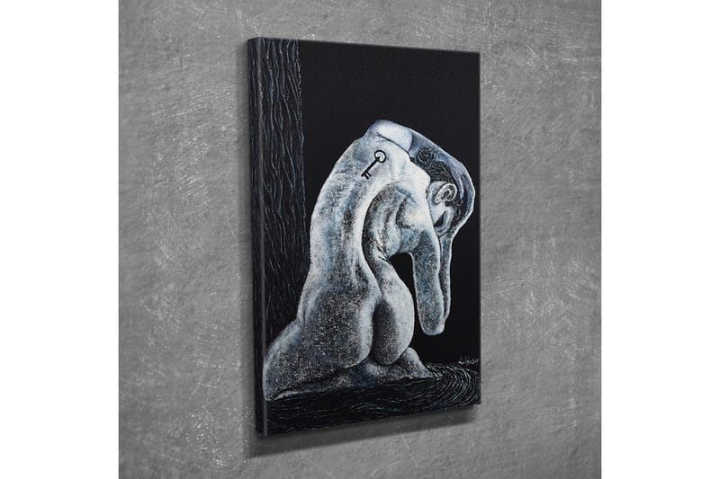 Lerretsbilde - Abstrakt skulptur av en sittende figur med en nøkkel på ryggen - Svart / Grå / Hvit - Innredning - Bilder & kunst - Lerretsbilder