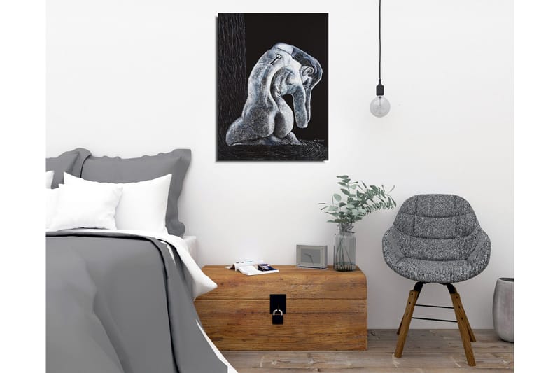 Lerretsbilde - Abstrakt skulptur av en sittende figur med en nøkkel på ryggen - Svart / Grå / Hvit - Innredning - Bilder & kunst - Lerretsbilder