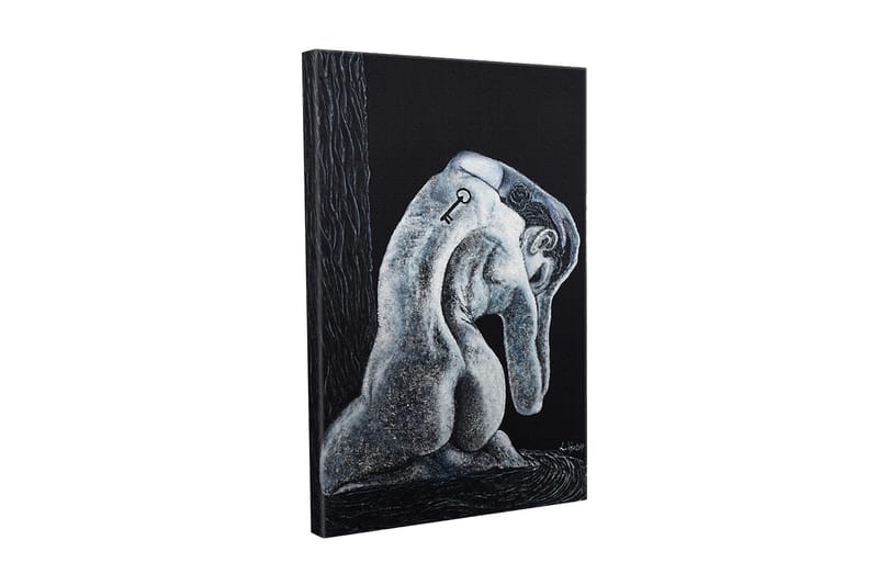 Lerretsbilde - Abstrakt skulptur av en sittende figur med en nøkkel på ryggen, Svart / Grå / Hvit